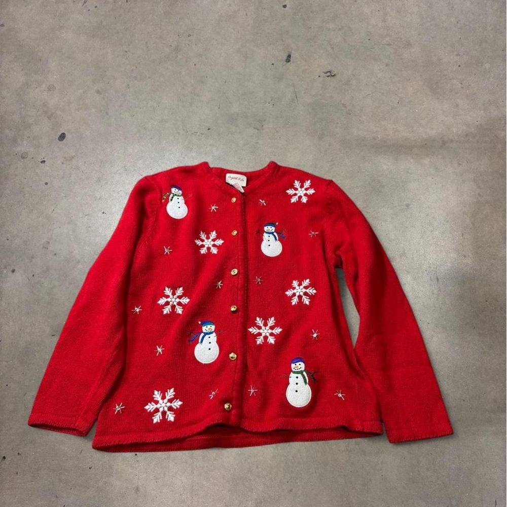Crystal Kobe Vintage Red Christmas Cardigan Snowman Snowflake Sweater Small